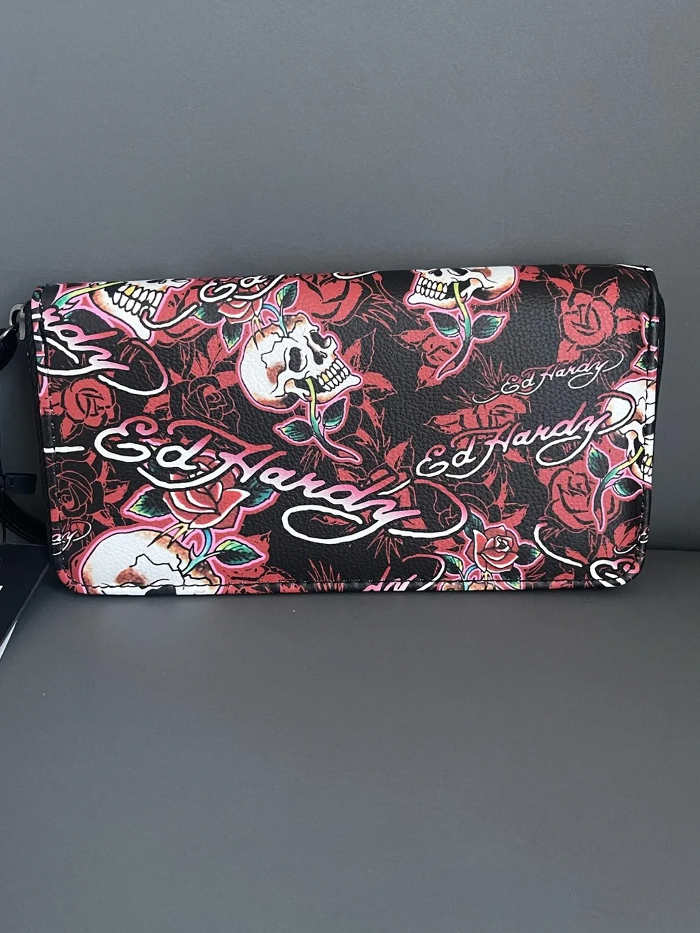 Ed Hardy Wallet Tattoo-Style Skull and Rose Graphic Wristlet